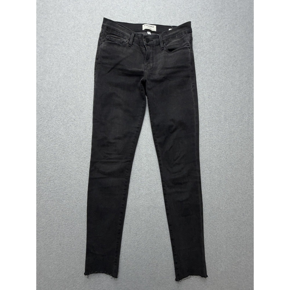 Frame Le Skinny De Jeanne Jeans Womens 27 Black Charcoal Wash Mid Rise Fringe